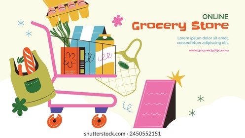 Grocery store. Supermarket template. Groceries, Shopping, Supermarket, Fresh food, delivery, Ordering, Sale. vector illustration for poster, banner, flyer, advertising, promo, commercial, promotion.