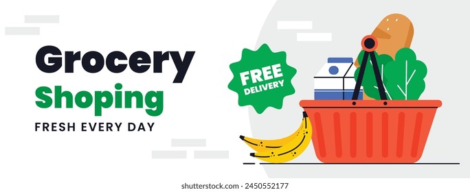 Grocery store. Supermarket template. Groceries, Shopping, Supermarket, Fresh food, delivery, Ordering, Sale. vector illustration for poster, banner, flyer, advertising, promo, commercial, promotion.