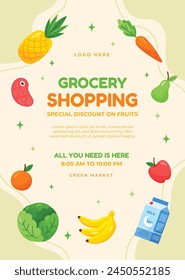 Grocery store. Supermarket template. Groceries, Shopping, Supermarket, Fresh food, delivery, Ordering, Sale. vector illustration for poster, banner, flyer, advertising, promo, commercial, promotion.