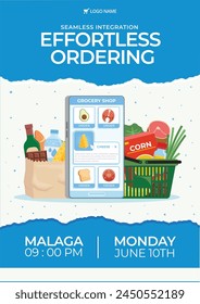 Grocery store. Supermarket template. Groceries, Shopping, Supermarket, Fresh food, delivery, Ordering, Sale. vector illustration for poster, banner, flyer, advertising, promo, commercial, promotion.