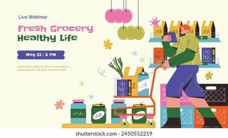 Grocery store. Supermarket template. Groceries, Shopping, Supermarket, Fresh food, delivery, Ordering, Sale. vector illustration for poster, banner, flyer, advertising, promo, commercial, promotion.