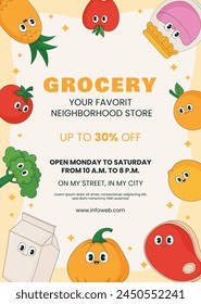 Grocery store. Supermarket template. Groceries, Shopping, Supermarket, Fresh food, delivery, Ordering, Sale. vector illustration for poster, banner, flyer, advertising, promo, commercial, promotion.