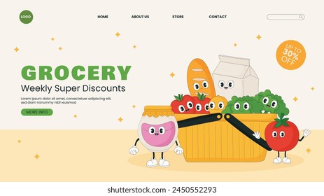 Grocery store. Supermarket template. Groceries, Shopping, Supermarket, Fresh food, delivery, Ordering, Sale. vector illustration for poster, banner, flyer, advertising, promo, commercial, promotion.