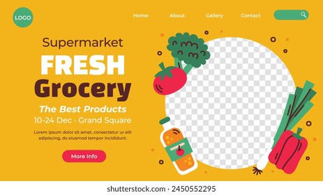 Grocery store. Supermarket template. Groceries, Shopping, Supermarket, Fresh food, delivery, Ordering, Sale. vector illustration for poster, banner, flyer, advertising, promo, commercial, promotion.