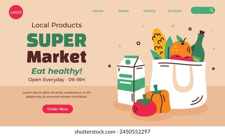 Grocery store. Supermarket template. Groceries, Shopping, Supermarket, Fresh food, delivery, Ordering, Sale. vector illustration for poster, banner, flyer, advertising, promo, commercial, promotion.