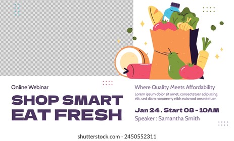 Grocery store. Supermarket template. Groceries, Shopping, Supermarket, Fresh food, delivery, Ordering, Sale. vector illustration for poster, banner, flyer, advertising, promo, commercial, promotion.