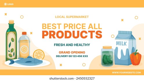 Grocery store. Supermarket template. Groceries, Shopping, Supermarket, Fresh food, delivery, Ordering, Sale. vector illustration for poster, banner, flyer, advertising, promo, commercial, promotion.