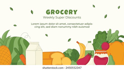 Grocery store. Supermarket template. Groceries, Shopping, Supermarket, Fresh food, delivery, Ordering, Sale. vector illustration for poster, banner, flyer, advertising, promo, commercial, promotion.