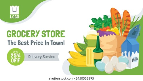 Grocery store. Supermarket template. Groceries, Shopping, Supermarket, Fresh food, delivery, Ordering, Sale. vector illustration for poster, banner, flyer, advertising, promo, commercial, promotion.