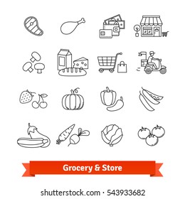 Grocery Store Thin Line Art Icons Set. Food Selling, Payment And Delivery. Linear Style Symbols Isolated On White.