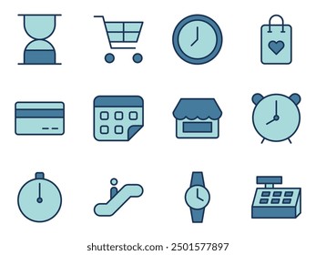 Tienda de comestibles y símbolo de tiempo Vector Plantilla colección