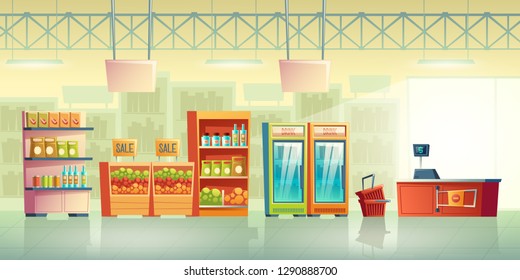 Grocery store trading room interior cartoon vector with shopping baskets near cash counter desk, fridges with drinks, food products on racks shelves illustration. Supermarket sale background template