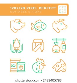 Grocery store two color line icons set. Food market. Retail business. Butchery shop. Meat and poultry bicolor outline iconset isolated. Duotone pictograms thin linear. Editable stroke