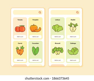 grocery store ui or ux design for mobile apps template screen design with some fruit list like tomato pumpkin carrot cucumber