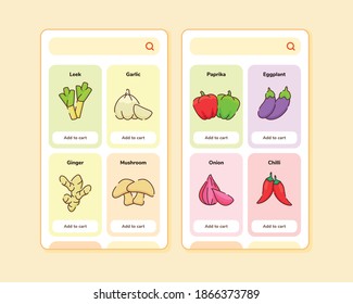 grocery store ui or ux design for mobile apps template screen design with some fruit list like leek garlic ginger mushroom with flat outline style