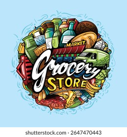Grocery Store, vector doodle cartoon drawings, with all market products.