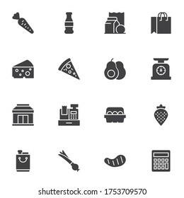 Juego de iconos vectoriales de tienda de comestibles, colección moderna de símbolos sólidos, paquete de pictogramas estilo relleno. Señales, ilustración del logotipo. El juego incluye íconos como bolsas de compras, productos lácteos, verduras, bebidas, verduras y zumo