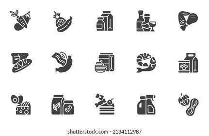 Juego de iconos vectoriales de tienda de comestibles, colección moderna de símbolos sólidos, paquete de pictogramas estilo relleno. Señales, ilustración del logotipo. El conjunto incluye íconos como frutas y verduras, productos lácteos y bebidas alcohólicas