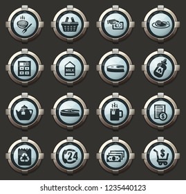 Grocery store vector icons in the stylish round buttons for mobile applications and web