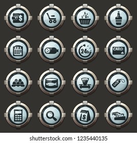 Grocery store vector icons in the stylish round buttons for mobile applications and web