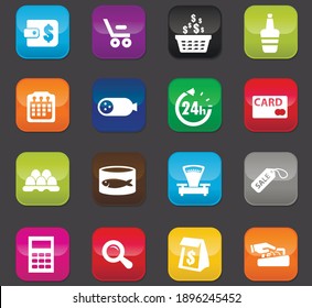 Almacenar ingredientes para iconos vectoriales para el diseño de la interfaz de usuario. Botones de color sobre un fondo oscuro