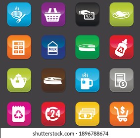Grocery store vector icons for user interface design. Colored buttons on a dark background