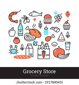 Grocery store vector illustration concept isolated on white background. Groceries, food, drink, meal, meat, deli, veggies thin line icons for web, mobile app. Supermarket vector set. Editable stroke.