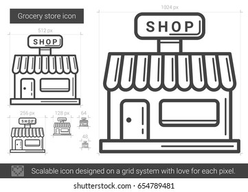 Grocery store vector line icon isolated on white background. Grocery store line icon for infographic, website or app. Scalable icon designed on a grid system.