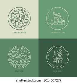 Grocery store vector logo design set. Supermarket thin line emblems for business cards. Trendy minimal linear groceries illustrations of veg and fruit shop, seafood and wine market. Editable stroke.