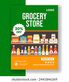 Grocery Store Vertical Poster Flat Cartoon Hand Drawn Templates Background Illustration