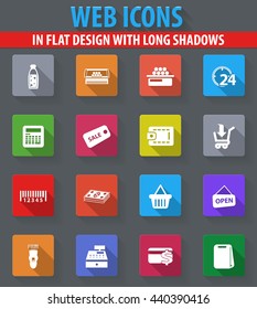 Grocery store web icons in flat design with long shadows