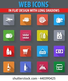 Grocery store web icons in flat design with long shadows