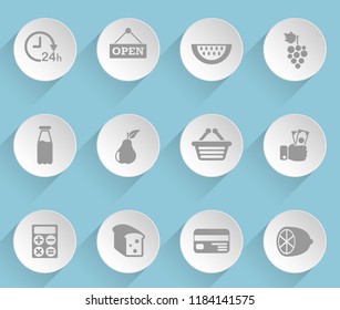 grocery store web icons on light paper circles