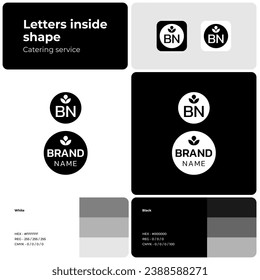 Grocery store white and black logo with brand name. Simple icon. Creative design element and visual identity. Template with kanit font. Suitable for catering company, food service, event.