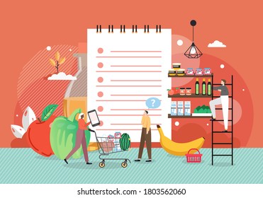 Grocery store. Woman making purchases of food products with smartphone shopping list, flat vector illustration. Grocery list app concept.