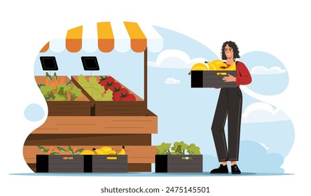 Mujer del supermercado. Chica joven con cajas de productos naturales y orgánicos. Asistencia tu tienda o tienda local. Agricultura y agricultura. Ilustración vectorial plana de dibujos animados aislada sobre fondo blanco