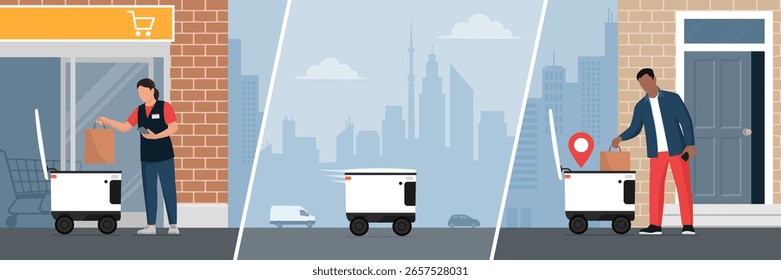 Grocery store worker loading an autonomous delivery robot and customer receiving a shopping bag with groceries at home