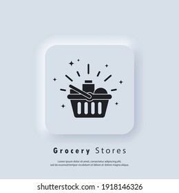 Grocery Stores icon. Shopping basket. Shopping and E-commerce concept. Vector EPS 10. UI icon. Neumorphic UI UX white user interface web button. Neumorphism