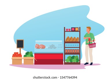 grocery stores with man shopping character vector illustration design