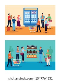 grocery stores with people characters vector illustration design