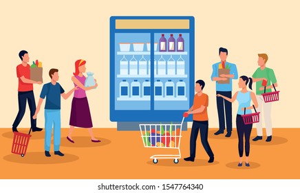 grocery stores with people characters vector illustration design