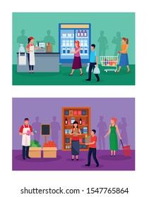 grocery stores with people characters vector illustration design