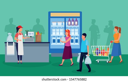 grocery stores with people characters vector illustration design