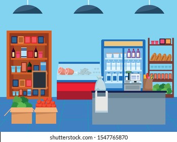 grocery stores with products scene vector illustration design