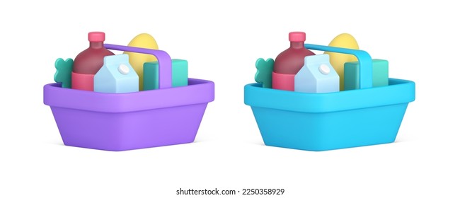 Grocery supermarket basket full of food product cart for carrying purchase 3d icon set realistic vector illustration. Groceries store shop commercial purchasing retail order internet goods delivery