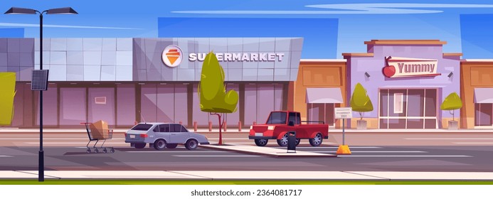 Grocery supermarket building with parking cartoon vector illustration. Outside retail store car lot. Commercial storefront with entrance on street. Outdoor business estate on road urban architecture