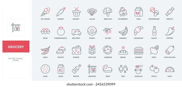 Grocery and supermarket food products for delivery line icons set. Basket of store for fresh meat and fish, fruit and vegetables, milk and cheese thin black and red outline symbols vector illustration