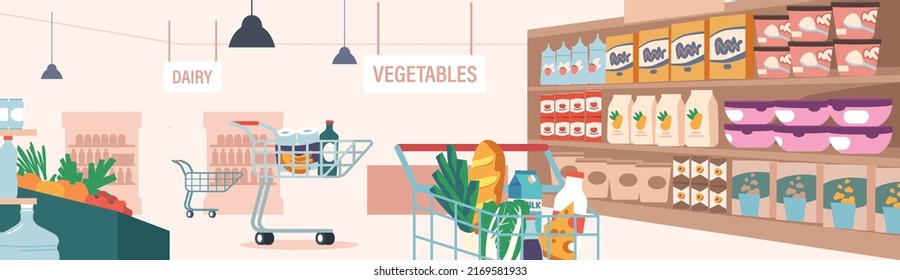 Grocery Supermarket Interior With Full Product Shelves and Shopping Trolleys. Retail, Merchandising and Consumerism Concept. Shop Area with Dairy and Vegetable Production. Cartoon Vector Illustration