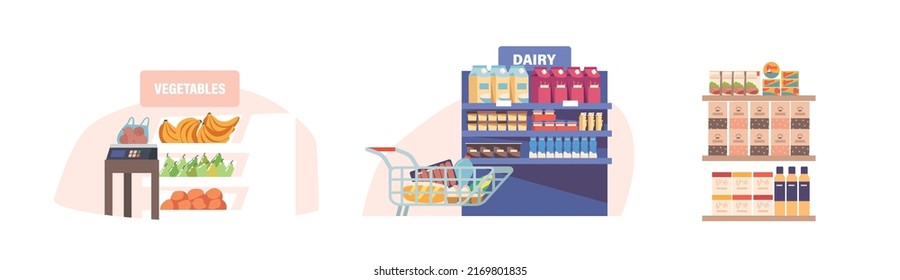 Grocery or Supermarket Interior Isolated Icons or Design Elements. Store With Shelves and Products, Scales on Desk, Food and Drinks. Shop Production, Commerce. Cartoon Vector Illustration