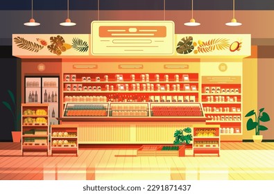 grocery supermarket with products shelves retail consumerism concept modern store interior horizontal